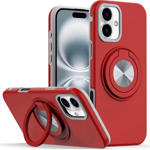 For iPhone 16 Plus 6.7 inch Metal CD Pattern Matte Finished Hybrid with Rotational Ring [Car Mount Friendly] Case - Red