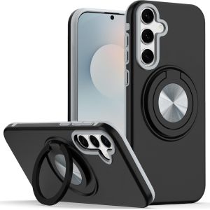 For Samsung s25 FE Metal CD Pattern Matte Finished Hybrid with Rotational Ring [Car Mount Friendly] Case - Black