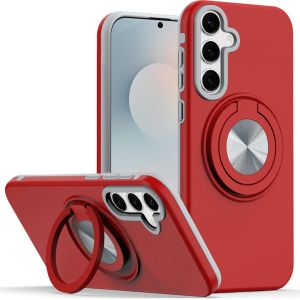 For Samsung s26 Metal CD Pattern Matte Finished Hybrid with Rotational Ring [Car Mount Friendly] Case - Red