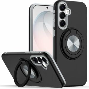 For Samsung Galaxy s26 FE Metal CD Pattern Matte Finished Hybrid with Rotational Ring [Car Mount Friendly] Case - Black