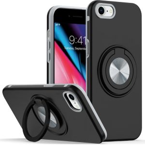 For iPhone SE 3 (2022) SE/8/7 Metal CD Pattern Matte Finished Hybrid with Rotational Ring [Car Mount Friendly] Case - Black
