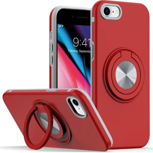 For iPhone SE 3 (2022) SE/8/7 Metal CD Pattern Matte Finished Hybrid with Rotational Ring [Car Mount Friendly] Case - Red