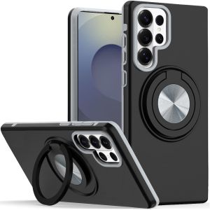 For Samsung s26 Ultra Metal CD Pattern Matte Finished Hybrid with Rotational Ring [Car Mount Friendly] Case - Black