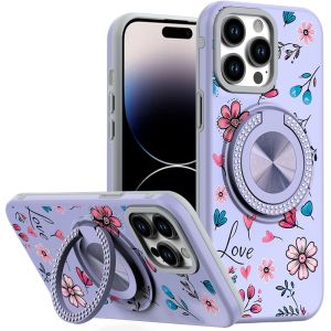 For iPhone 14 PRO MAX 6.7" Metal Diamond CD Pattern Design Matte Finished Hybrid with Rotational Ring [Car Mount Friendly] Case - 13