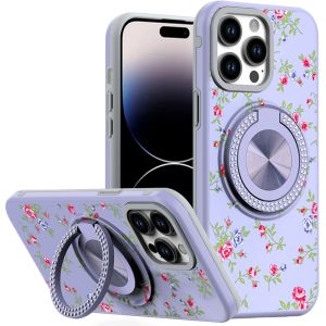 For iPhone 14 PRO MAX 6.7" Metal Diamond CD Pattern Design Matte Finished Hybrid with Rotational Ring [Car Mount Friendly] Case - 9