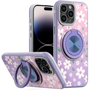 For iPhone 14 PRO MAX 6.7" Metal Diamond CD Pattern Design Matte Finished Hybrid with Rotational Ring [Car Mount Friendly] Case - Floral B