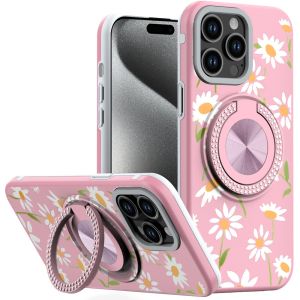 For iP15 Pro Max Metal Diamond CD Pattern Design Matte Finished Hybrid with Rotational Ring [Car Mount Friendly] Case - Floral A