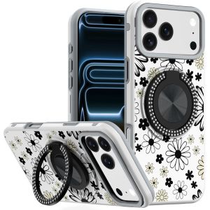 For iPhone 17 Pro Max Metal Diamond CD Pattern Design Matte Finished Hybrid with Rotational Ring [Car Mount Friendly] Case - Black & White Floral