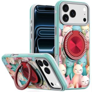 For iPhone 17 Pro Max Metal Diamond CD Pattern Design Matte Finished Hybrid with Rotational Ring [Car Mount Friendly] Case - Cats