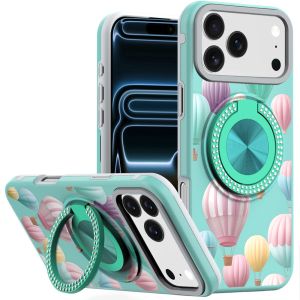 For iPhone 17 Pro Max Metal Diamond CD Pattern Design Matte Finished Hybrid with Rotational Ring [Car Mount Friendly] Case - Hot Air Balloon