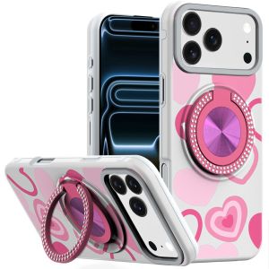 For iPhone 17 Pro Max Metal Diamond CD Pattern Design Matte Finished Hybrid with Rotational Ring [Car Mount Friendly] Case - Hearts