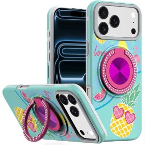 For iPhone 17 Pro Max Metal Diamond CD Pattern Design Matte Finished Hybrid with Rotational Ring [Car Mount Friendly] Case - Pineapple