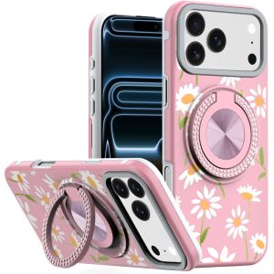 For iPhone 17 Pro Metal Diamond CD Pattern Design Matte Finished Hybrid with Rotational Ring [Car Mount Friendly] Case - Floral A