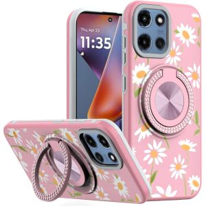 For Motorola Moto G 5G 2025 Metal Diamond CD Pattern Design Matte Finished Hybrid with Rotational Ring [Car Mount Friendly] Case - Floral A