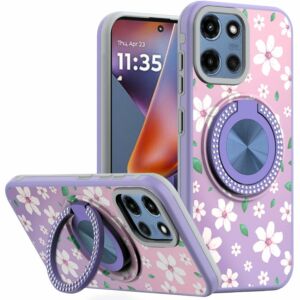 For Moto G 5G 2025/2026 - G Play 2026 - Metal Diamond CD Pattern Design Matte Finished Hybrid with Rotational Ring [Car Mount Friendly] Case - Floral B