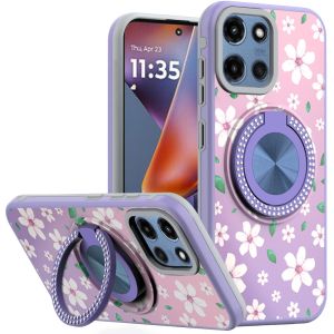 For Motorola Moto G 5G 2025 Metal Diamond CD Pattern Design Matte Finished Hybrid with Rotational Ring [Car Mount Friendly] Case - Floral B