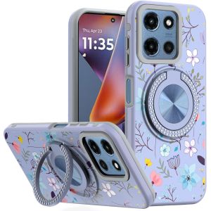 For Motorola Moto G 5G 2025 Metal Diamond CD Pattern Design Matte Finished Hybrid with Rotational Ring [Car Mount Friendly] Case - Lavender Floral
