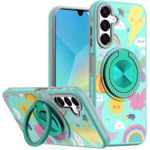 For Samsung A16 5G Metal Diamond CD Pattern Design Matte Finished Hybrid with Rotational Ring [Car Mount Friendly] Case - Aqua with Celestial Sun Rainbows