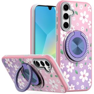 For Samsung A16 5G Metal Diamond CD Pattern Design Matte Finished Hybrid with Rotational Ring [Car Mount Friendly] Case - Floral B