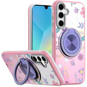 For Samsung A16 5G Metal Diamond CD Pattern Design Matte Finished Hybrid with Rotational Ring [Car Mount Friendly] Case - Floral C