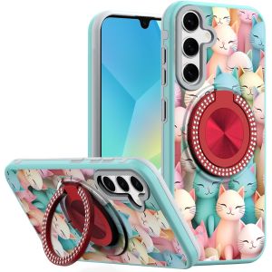 For Samsung A16 5G Metal Diamond CD Pattern Design Matte Finished Hybrid with Rotational Ring [Car Mount Friendly] Case - Cats