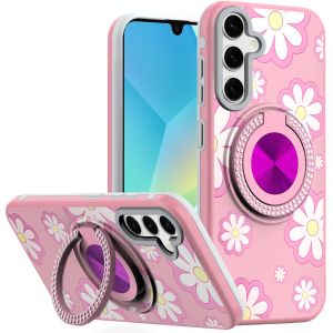 For Samsung A16 5G Metal Diamond CD Pattern Design Matte Finished Hybrid with Rotational Ring [Car Mount Friendly] Case - Floral D