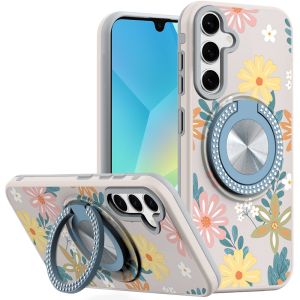 For Samsung A16 5G Metal Diamond CD Pattern Design Matte Finished Hybrid with Rotational Ring [Car Mount Friendly] Case - Floral E