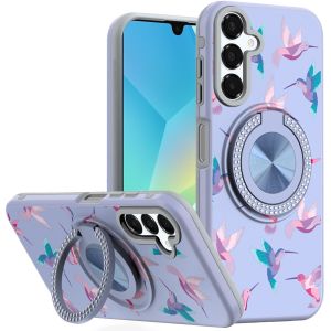 For Samsung A16 5G Metal Diamond CD Pattern Design Matte Finished Hybrid with Rotational Ring [Car Mount Friendly] Case - Hummingbird & Floral