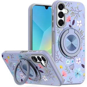 For Samsung A16 5G Metal Diamond CD Pattern Design Matte Finished Hybrid with Rotational Ring [Car Mount Friendly] Case - Lavender Floral