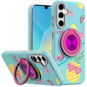 For Samsung A16 5G Metal Diamond CD Pattern Design Matte Finished Hybrid with Rotational Ring [Car Mount Friendly] Case - Pineapple