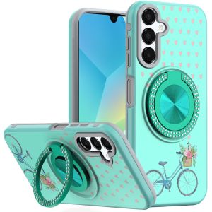 For Samsung A16 5G Metal Diamond CD Pattern Design Matte Finished Hybrid with Rotational Ring [Car Mount Friendly] Case - Teal Bicycle with Flowers