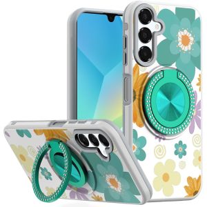 For Samsung A16 5G Metal Diamond CD Pattern Design Matte Finished Hybrid with Rotational Ring [Car Mount Friendly] Case - Yellow & Purple Flowers
