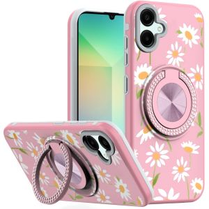 For Samsung A06 Metal Diamond CD Pattern Design Matte Finished Hybrid with Rotational Ring [Car Mount Friendly] Case - Floral A
