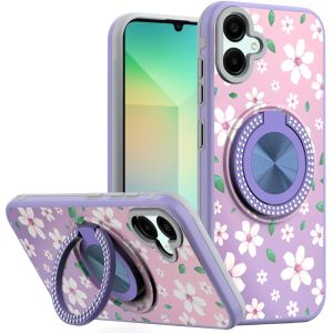 For Samsung A06 Metal Diamond CD Pattern Design Matte Finished Hybrid with Rotational Ring [Car Mount Friendly] Case - Floral B