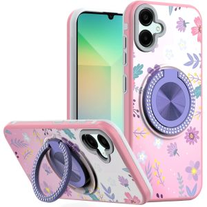 For Samsung A06 Metal Diamond CD Pattern Design Matte Finished Hybrid with Rotational Ring [Car Mount Friendly] Case - Floral C
