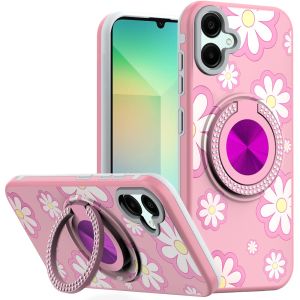 For Samsung A06 Metal Diamond CD Pattern Design Matte Finished Hybrid with Rotational Ring [Car Mount Friendly] Case - Floral D
