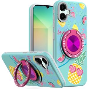 For Samsung A06 Metal Diamond CD Pattern Design Matte Finished Hybrid with Rotational Ring [Car Mount Friendly] Case - Pineapple