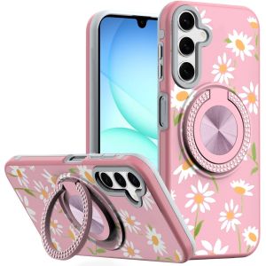 For Samsung A17 5G Metal Diamond CD Pattern Design Matte Finished Hybrid with Rotational Ring [Car Mount Friendly] Case - Floral A