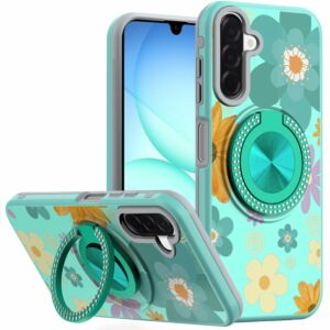 For Samsung A17 5G Metal Diamond CD Pattern Design Matte Finished Hybrid with Rotational Ring [Car Mount Friendly] Case - Aqua Floral & Leaves