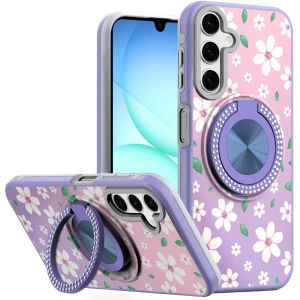 For Samsung A17 5G Metal Diamond CD Pattern Design Matte Finished Hybrid with Rotational Ring [Car Mount Friendly] Case - Floral B