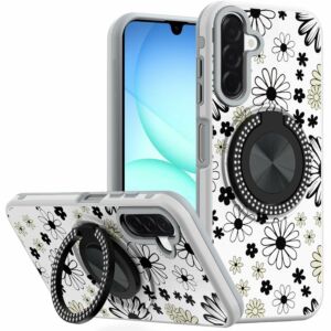 For Samsung A17 5G Metal Diamond CD Pattern Design Matte Finished Hybrid with Rotational Ring [Car Mount Friendly] Case - Black & White Floral