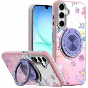 For Samsung A17 5G Metal Diamond CD Pattern Design Matte Finished Hybrid with Rotational Ring [Car Mount Friendly] Case - Floral C