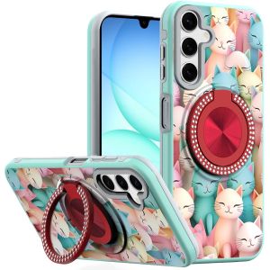 For Samsung A17 5G Metal Diamond CD Pattern Design Matte Finished Hybrid with Rotational Ring [Car Mount Friendly] Case - Cats
