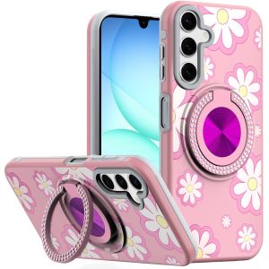 For Samsung A17 5G Metal Diamond CD Pattern Design Matte Finished Hybrid with Rotational Ring [Car Mount Friendly] Case - Floral D