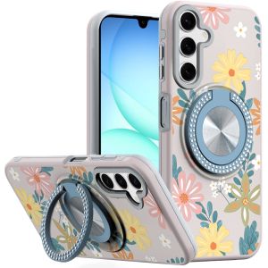 For Samsung A17 5G Metal Diamond CD Pattern Design Matte Finished Hybrid with Rotational Ring [Car Mount Friendly] Case - Floral E