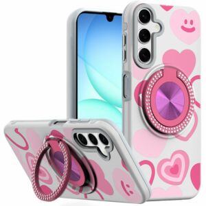 For Samsung A17 5G Metal Diamond CD Pattern Design Matte Finished Hybrid with Rotational Ring [Car Mount Friendly] Case - Hearts