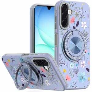 For Samsung A17 5G Metal Diamond CD Pattern Design Matte Finished Hybrid with Rotational Ring [Car Mount Friendly] Case - Lavender Floral