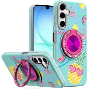 For Samsung A17 5G Metal Diamond CD Pattern Design Matte Finished Hybrid with Rotational Ring [Car Mount Friendly] Case - Pineapple