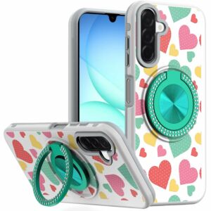 For Samsung A17 5G Metal Diamond CD Pattern Design Matte Finished Hybrid with Rotational Ring [Car Mount Friendly] Case - Pastel Hearts