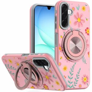 For Samsung A17 5G Metal Diamond CD Pattern Design Matte Finished Hybrid with Rotational Ring [Car Mount Friendly] Case - Pink with Daisies and Floral